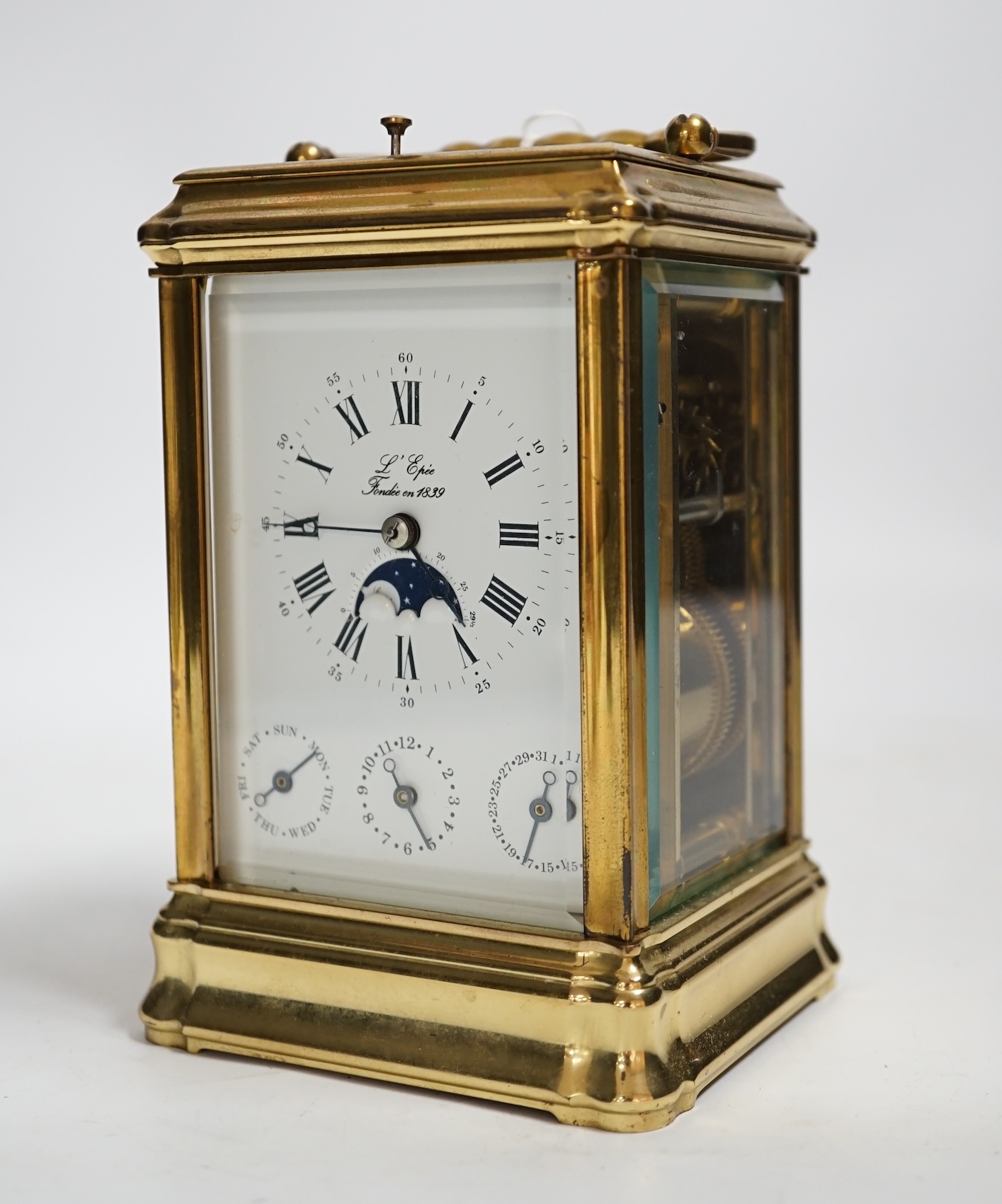 A French L’Epee brass calendar repeating carriage clock, 15cm